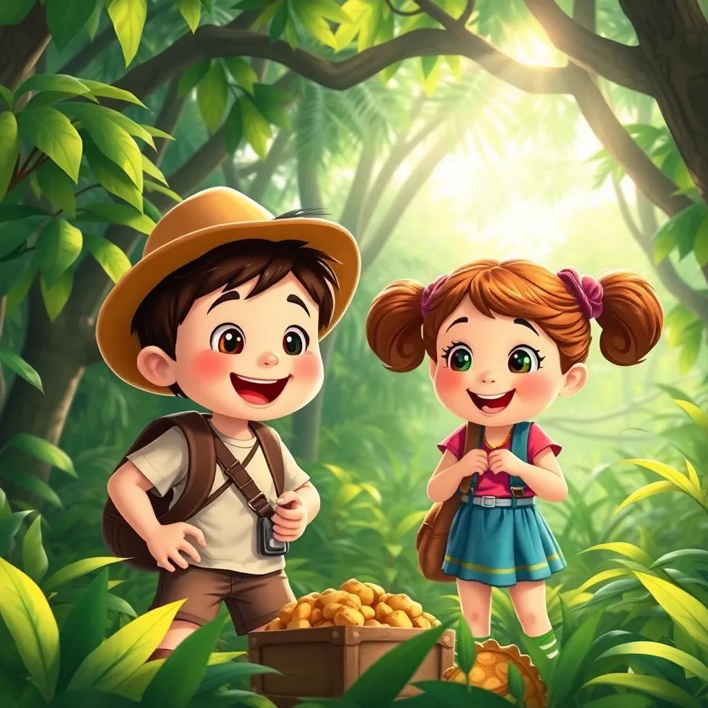 Two children, a boy and a girl, excitedly preparing for a treasure hunt in a lush green jungle, sunlight filtering through the trees, adventure-themed, cheerful atmosphere, colorful, detailed illustration