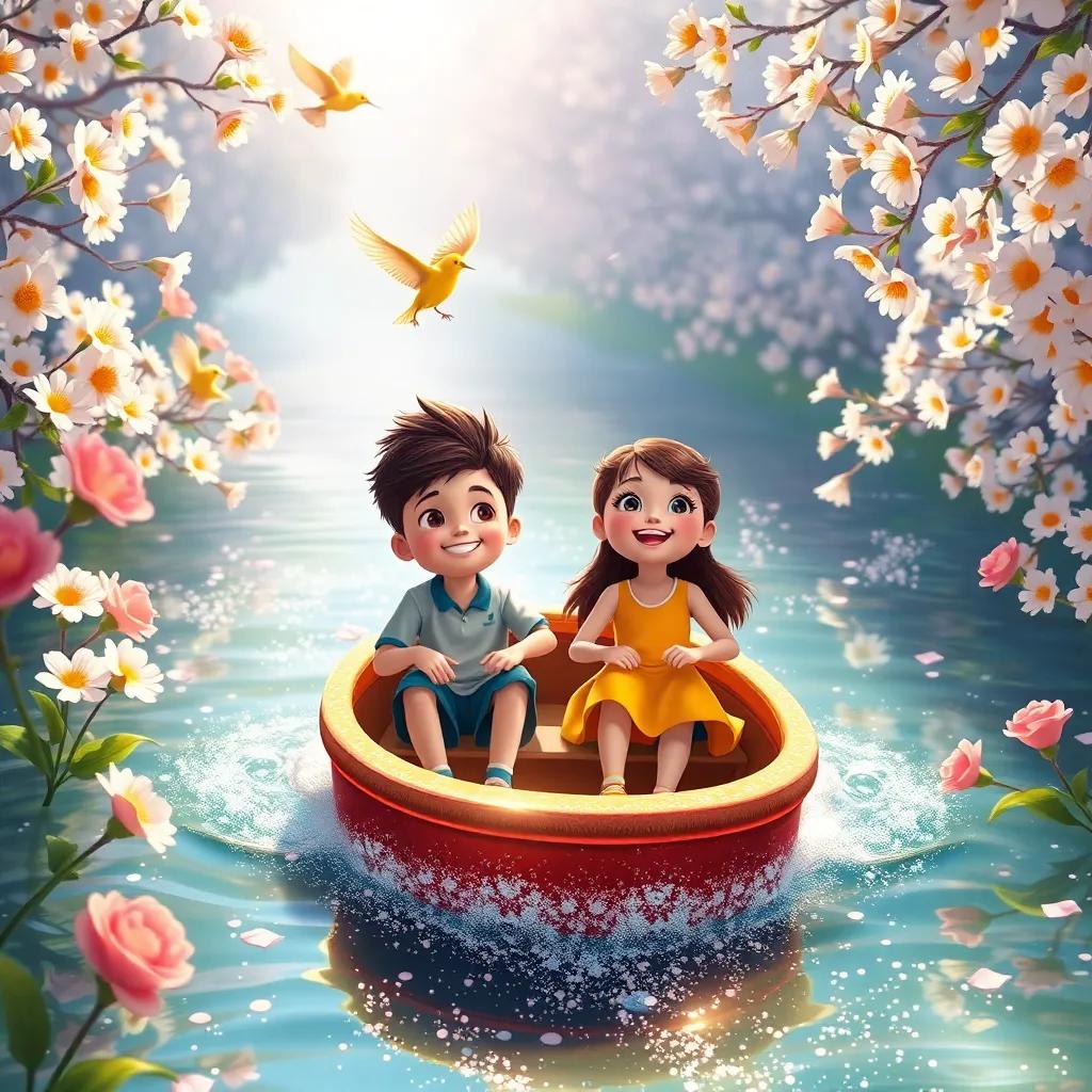 The boy and girl in a small boat gliding down a sparkling river surrounded by blooming flowers and singing birds, their faces showing excitement and joy, warm light, lively colors, vivid perspective, high quality
