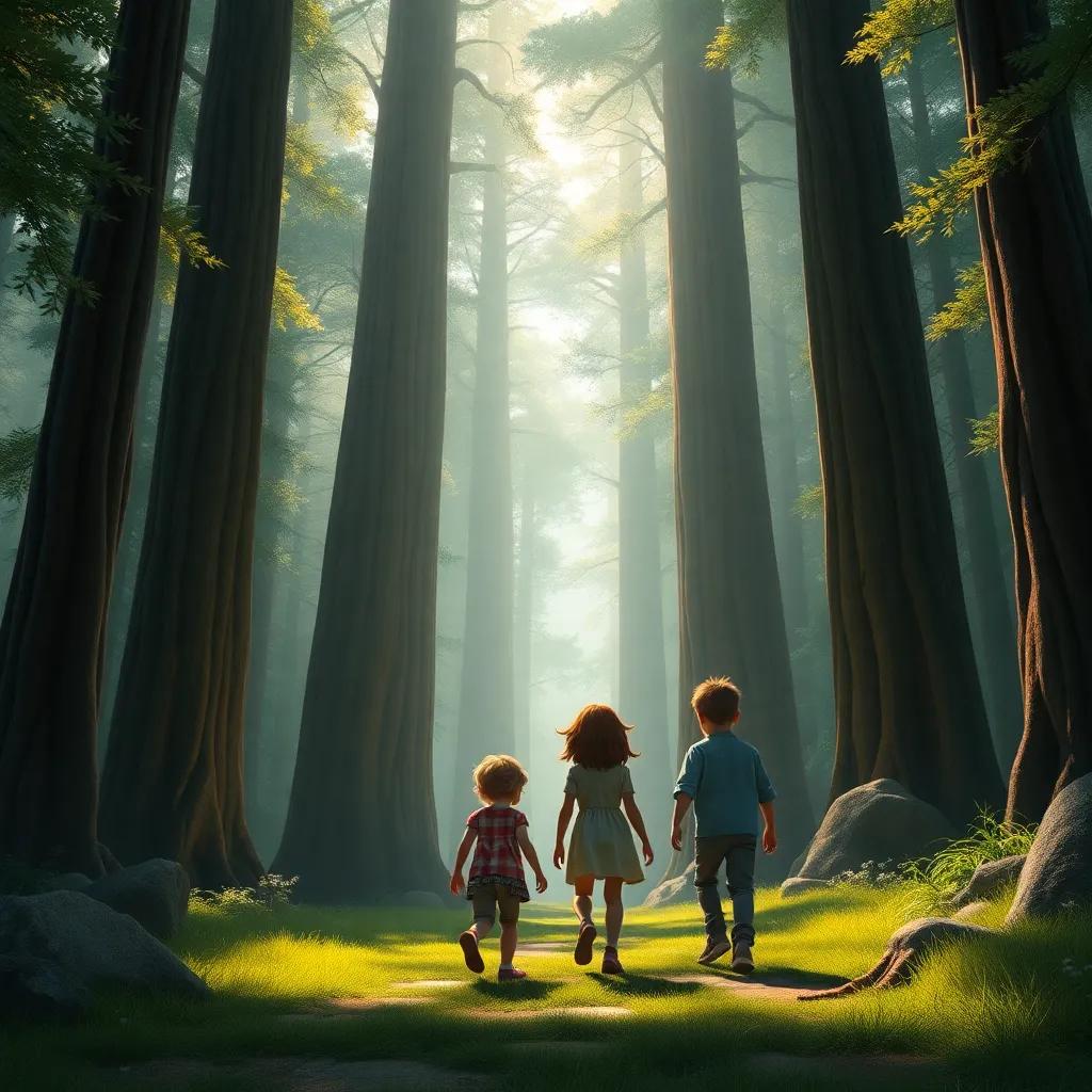 The children arriving at an enchanted forest with tall trees that seem to guard something important, with a sense of mystery in the air, soft light and vibrant colors, captivating perspective, high detail