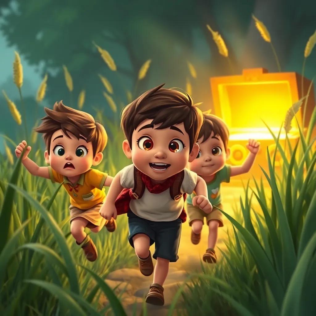 The children rushing towards a glowing treasure chest hidden among the tall grasses, with their eyes wide open in wonder, golden light shining from the chest, engaging atmosphere, exciting scene, detailed illustration