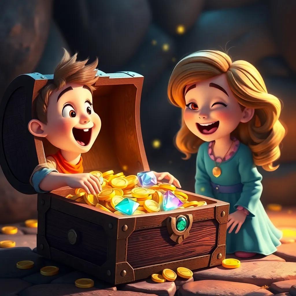 The treasure chest open to reveal shiny gold coins and gemstones, the boy exclaims with excitement and the girl laughs joyfully, rich colors and warm light creating a magical moment, heartwarming scene, detailed and captivating visual