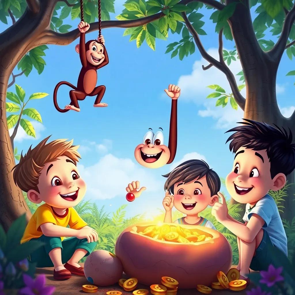 A monkey swinging in the trees nearby as the children enjoy their treasure, light-hearted expression on their faces, bright colors and cheerful surroundings, engaging and fun perspective, high detail art