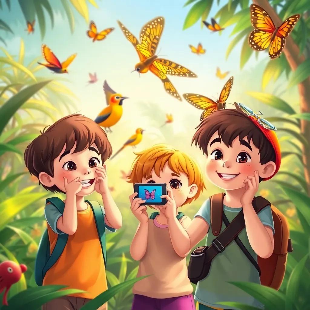 The children taking pictures of beautiful birds and butterflies in the jungle, smiling and enjoying their adventure, vibrant colors and warm lighting, lively atmosphere, high quality illustration