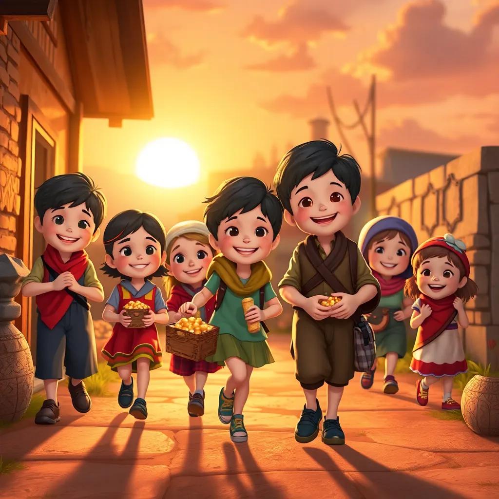 The children happily returning home with the treasure, the setting sun casting a golden light, their families welcoming them with joy, warm colors and invitingly cheerful atmosphere, detailed depiction