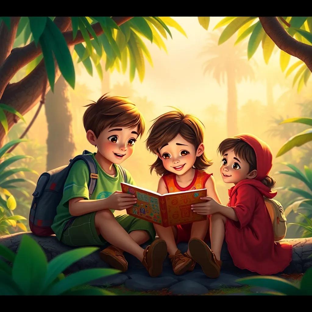 The children envisioning their next adventure, sitting together planning their future treasure hunts, bright colors enhancing the sense of hope and excitement, beautiful jungle background, captivating scene, detailed art