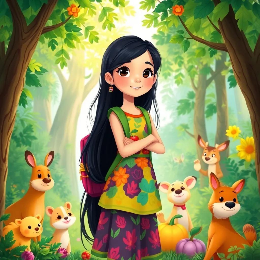 A beautiful young girl, Malak, with long black hair, wearing a colorful dress, standing in a vibrant green forest, holding a backpack full of fruits and healthy food, surrounded by curious animals, digital art, colorful, cheerful atmosphere, high quality