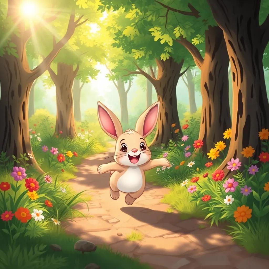 A young rabbit joyfully rushing to its mother, in a lively forest with trees and colorful flowers, the sun shining through the leaves, digital illustration, happy scene, warm colors, high quality