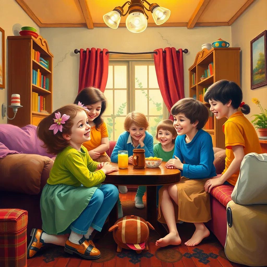 A warm family gathering, depicting a loving household in 1981, with a family of seven children playing together, vibrant colors, joyful atmosphere, digital art, high quality