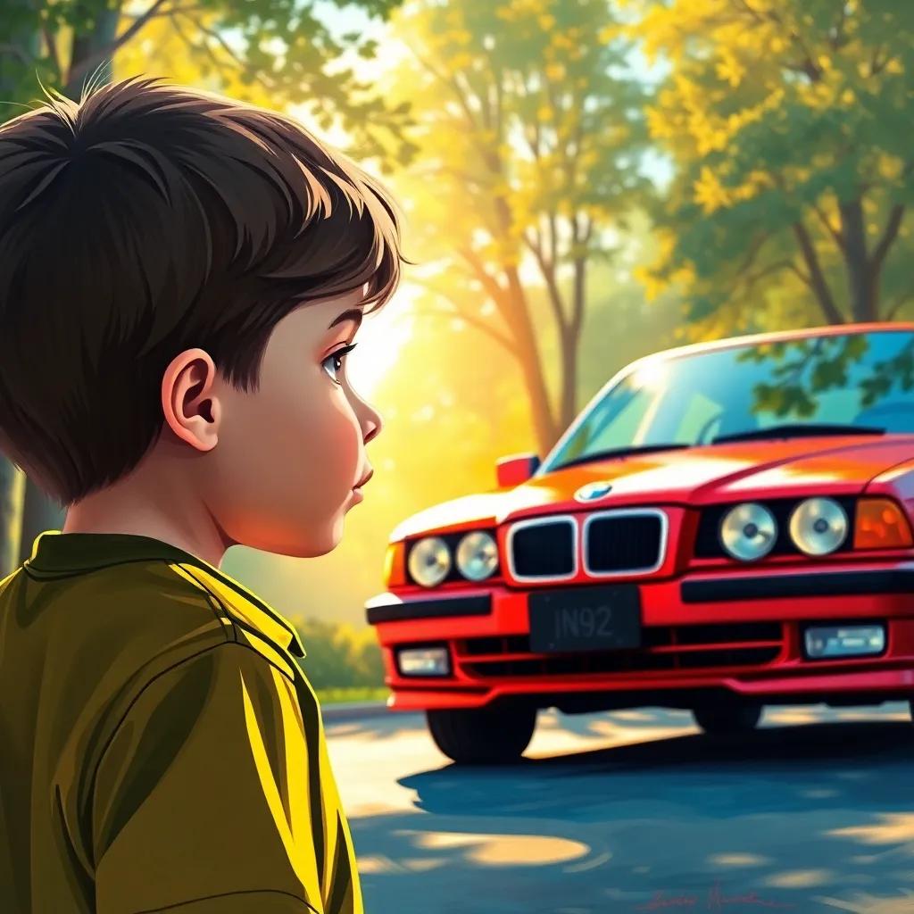 A young boy gazing in awe at a BMW car in 1992, with admiration in his eyes, surrounded by trees and sunlight, bright colors, inspirational scene, digital painting, high quality