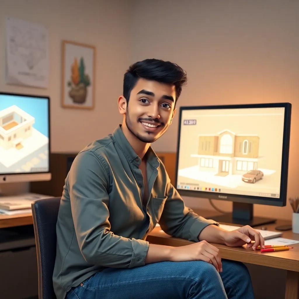 A young Arab man, Sami, with short black hair, wearing a casual shirt and jeans, sitting at a computer desk with a bright screen showing a 3D architectural design, surrounded by blueprints and colored pencils, digital art, vibrant colors, inspiring atmosphere, high quality