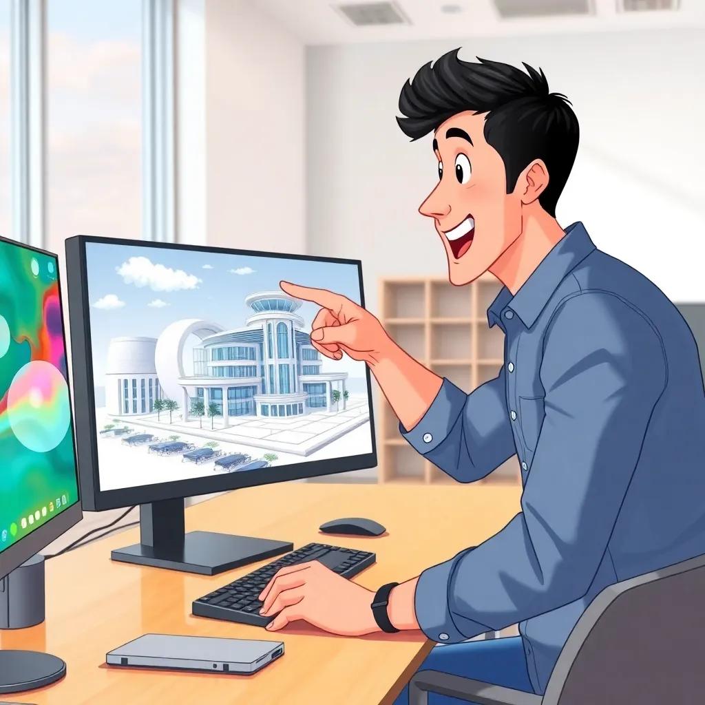 Sami, a young Arab man with short black hair in a casual shirt and jeans, excitedly pointing at the computer screen displaying a beautiful 3D building design, with a friend sitting next to him, both looking amazed, bright office setting, cheerful, engaging view, quality illustration