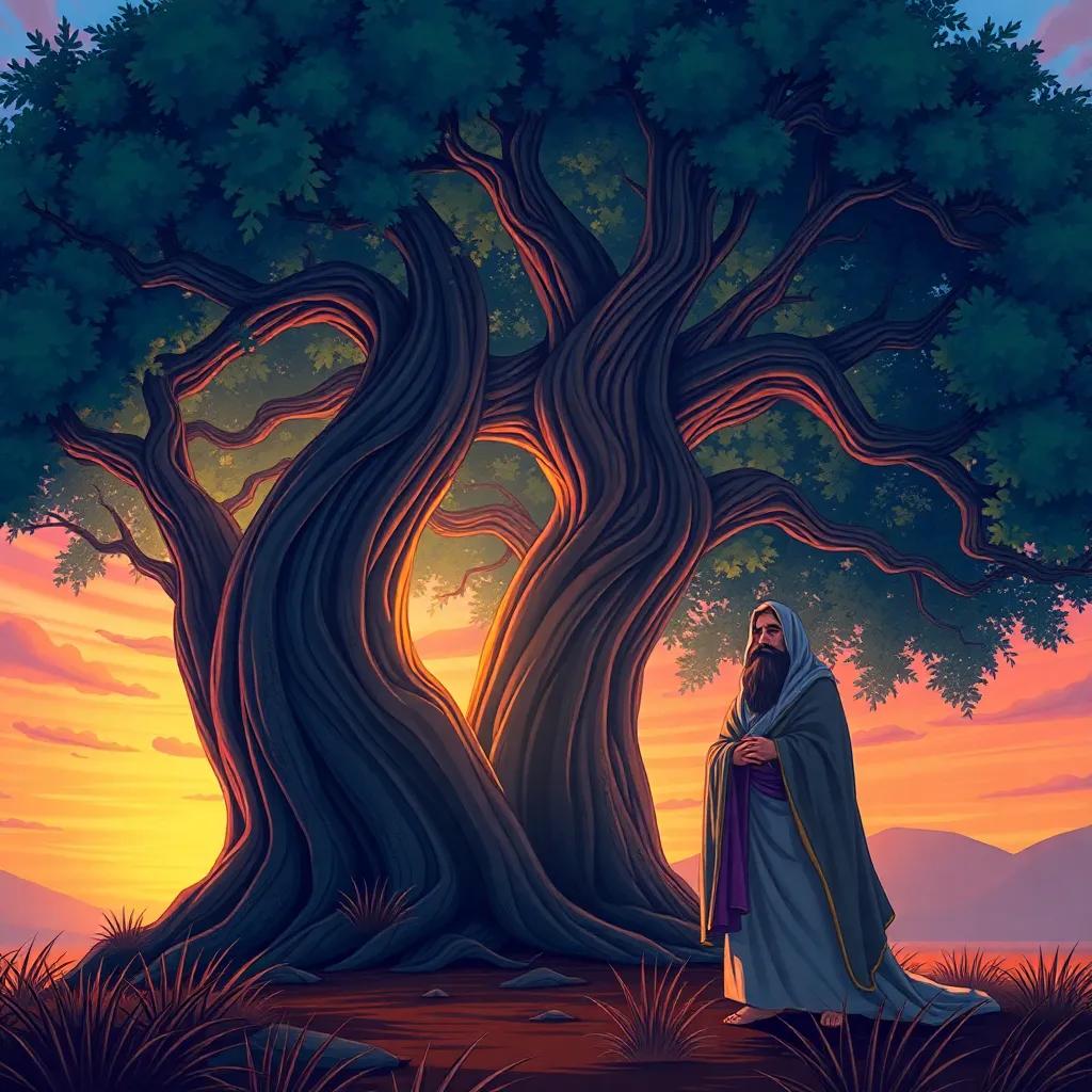 A scene of a majestic tree with Moses sitting underneath, looking surprised, and Al-Khidr standing beside him, dressed in a flowing robe, colorful background, shaded dusk, artistic illustration, enchanting, high quality