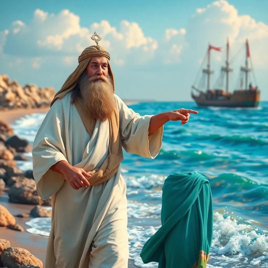 A vibrant scene of Moses and Al-Khidr walking by the sea, Al-Khidr with a calm expression, pointing at the ship, colorful waves, cheerful atmosphere, digital art, engaging, high quality