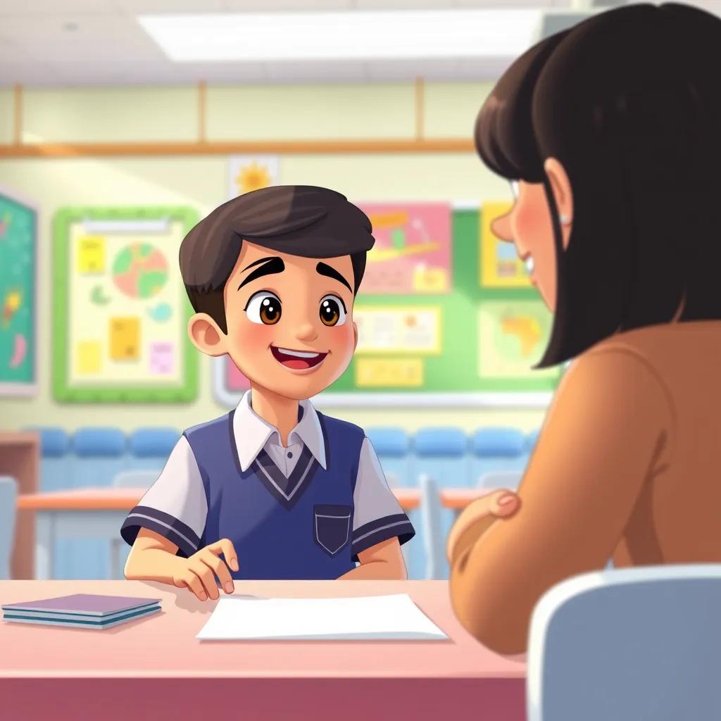Nasser, a young Arab boy, with short black hair wearing a school uniform, talking to a kind teacher who is smiling, in a bright classroom with colorful posters, illustration, cheerful, friendly vibe, high quality
