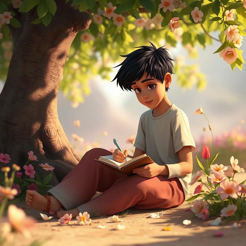 Nasser, a young Arab boy with short black hair, sitting on the ground, writing his thoughts in a diary under a tree, surrounded by flowers, peaceful atmosphere, thoughtful expression, digital art, high quality