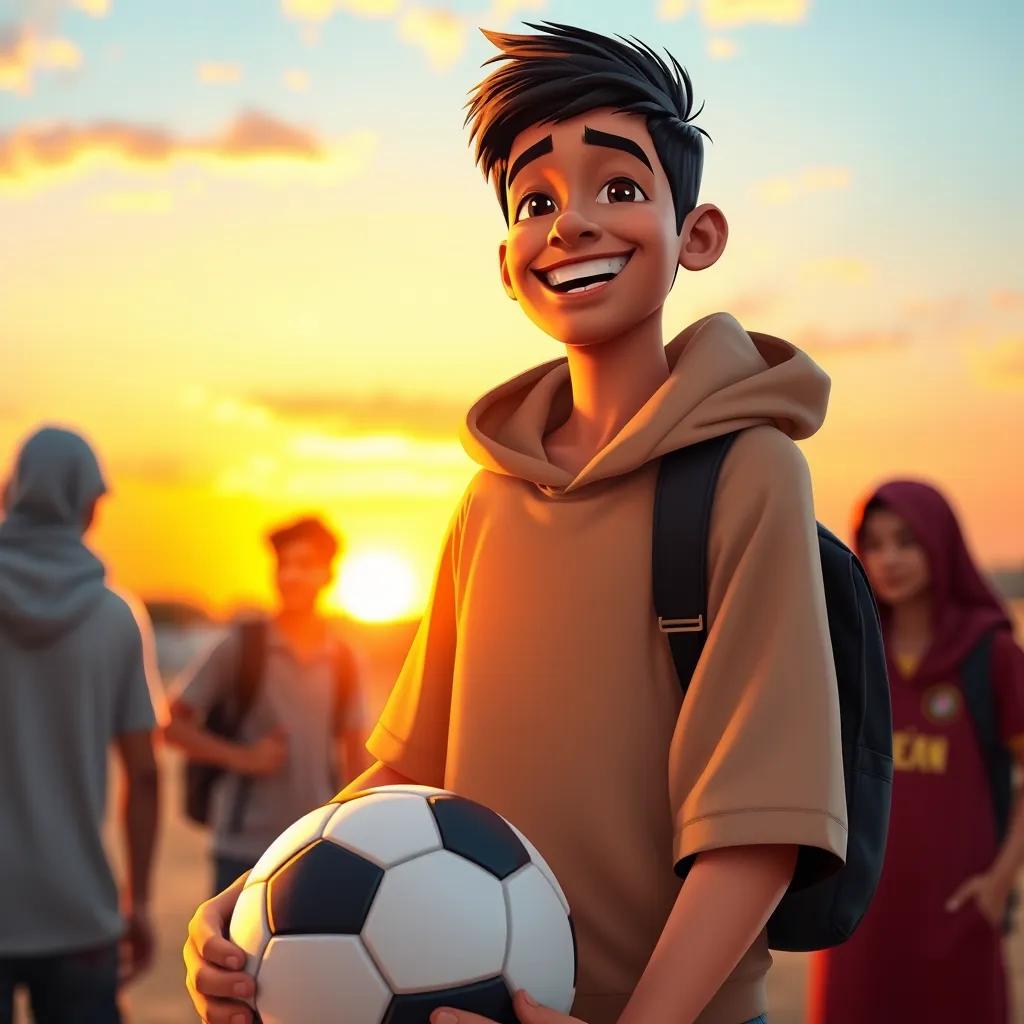 Nasser, a young Arab boy with short black hair in a casual outfit, smiling broadly while holding a soccer ball, standing with friends, sunset in the background, colorful sky, joyful moment, high quality