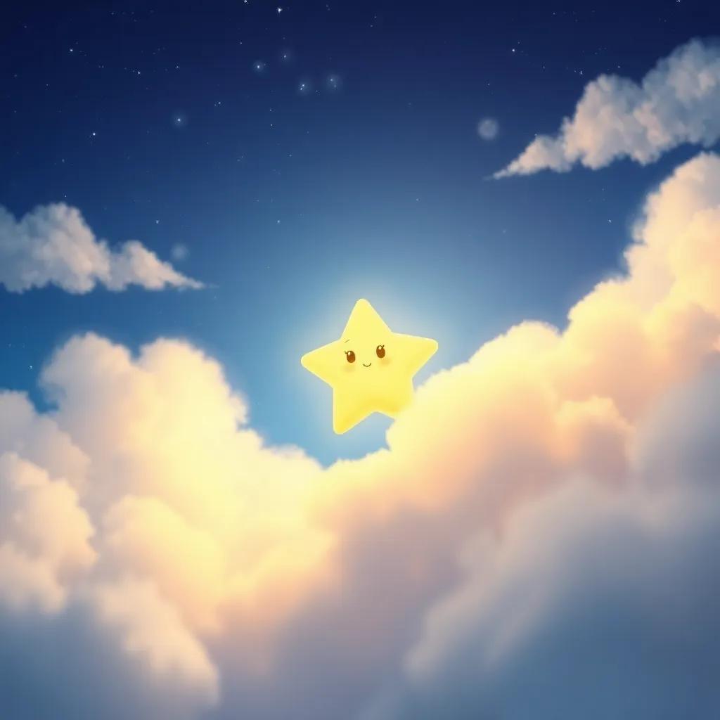 A small star named Loulou, shining brightly in a deep blue night sky, with colorful twinkling light, surrounded by fluffy white clouds, digital art, whimsical style, warm colors, enchanting atmosphere