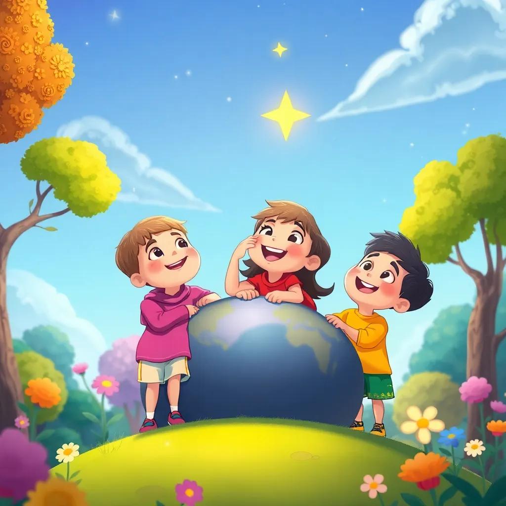 A joyful scene on Earth with children looking up at the sky, smiling at Loulou the small star, colorful surroundings with trees and flowers, illustration, cheerful, bright colors, lively