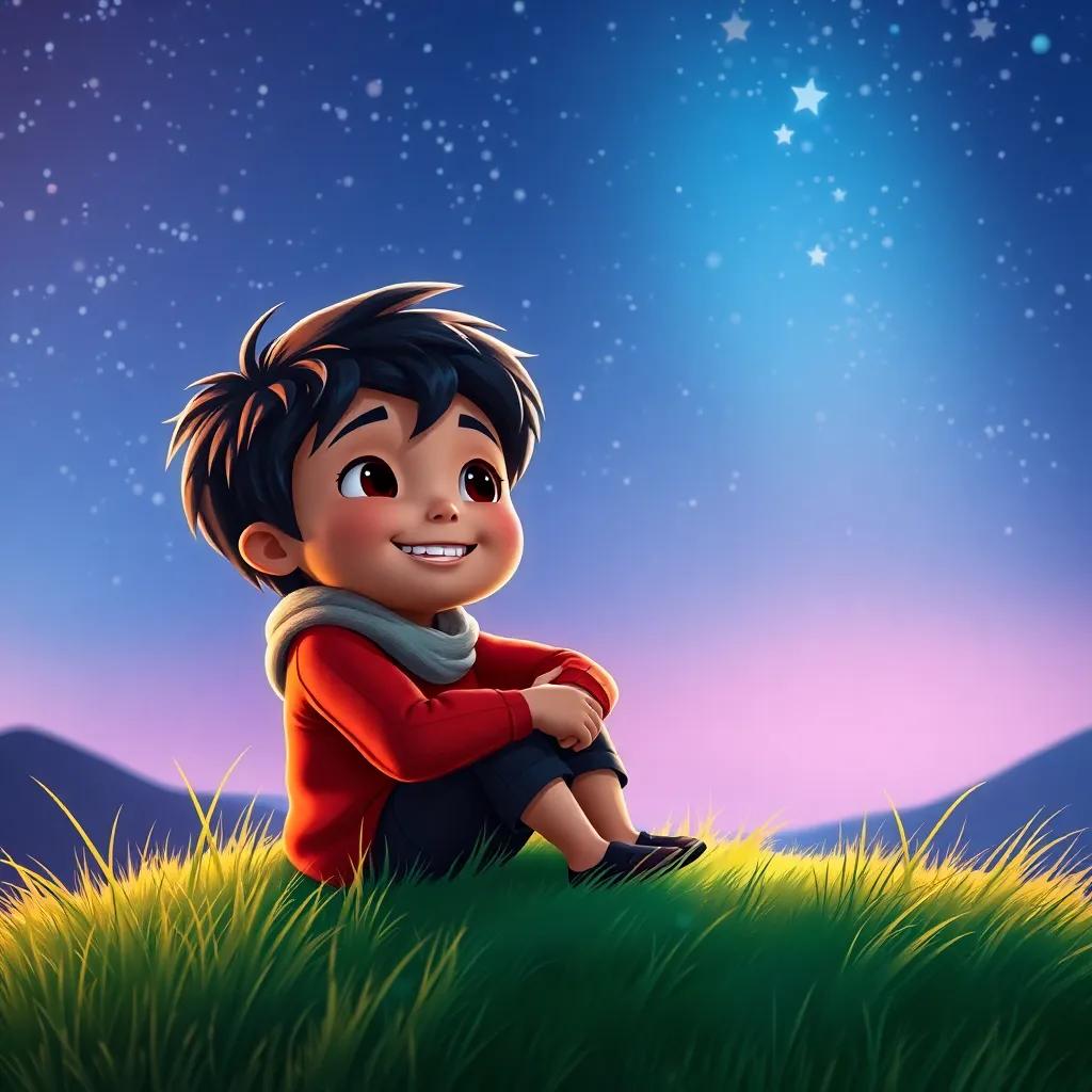 Sami, a young boy with black hair and a bright smile, sitting on a grassy hill at night, gazing up at Loulou with admiration, starry sky, colorful, vibrant and heartwarming