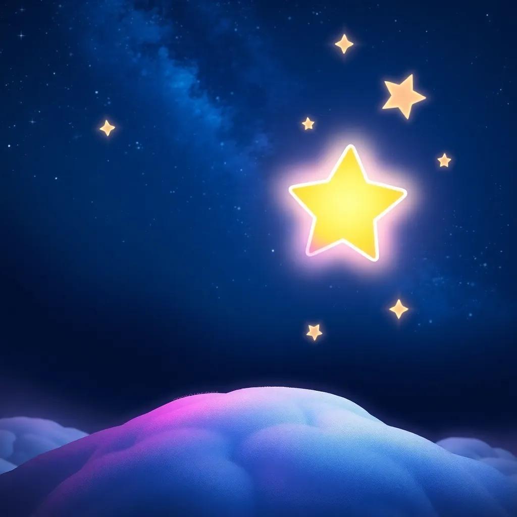 Loulou the star returning to the sky, now glowing in radiant colors, with twinkling stars around her, conveying a sense of happiness and wisdom, beautiful night, serene atmosphere, digital painting