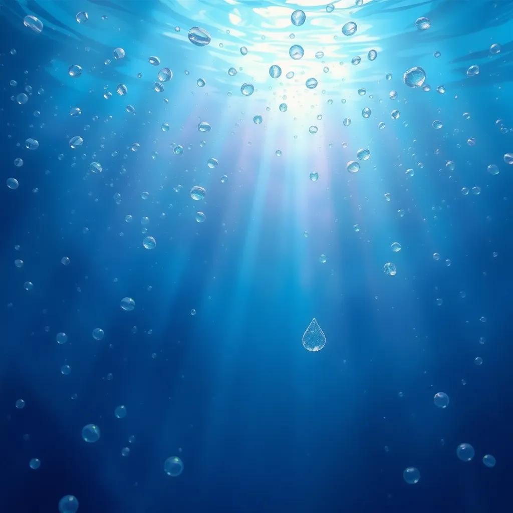 A peaceful underwater scene in the Pacific Ocean, showing millions of water droplets, with a small droplet named Neda feeling different, surrounded by shimmering light and soft shadows, digital art, vibrant colors, serene atmosphere, high quality