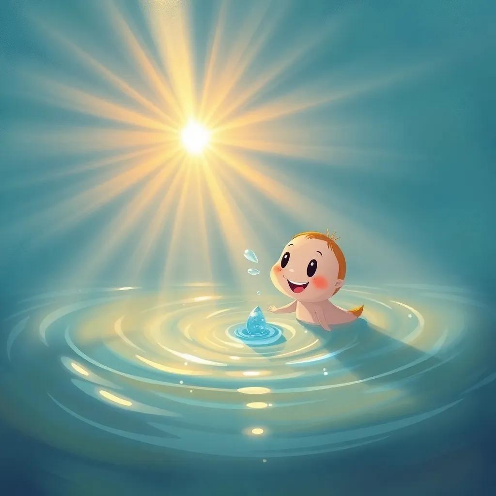 A bright ray of sunlight penetrating the water surface, touching Neda the water droplet, who looks excited, with swirling water and light beams creating a magical effect, illustration, cheerful, child-friendly, colorful atmosphere