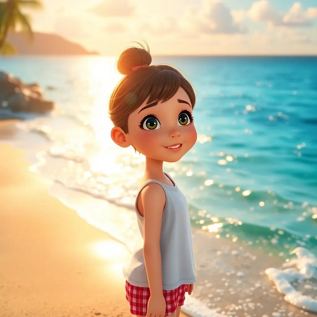 A young girl, Nihad, with brown hair and black eyes, standing on a beautiful beach, looking excitedly toward the ocean, sunlight sparkling on the water, digital art, vibrant colors, lively atmosphere, high quality