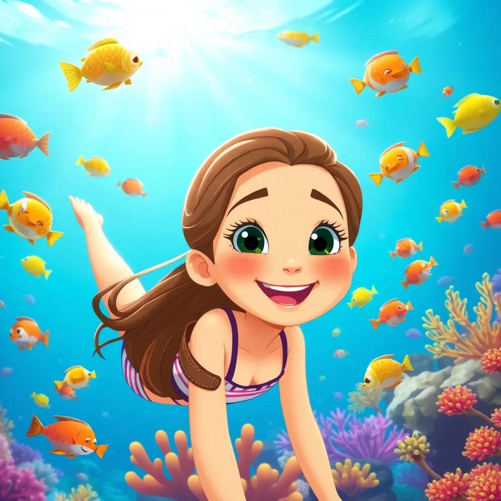 Nihad, a young girl with brown hair and black eyes, swimming in the clear blue ocean, surrounded by colorful fishes and vibrant coral reefs, joyful expression, bright sunlight filtering through the water, illustration, cheerful, adventure-themed, child-friendly
