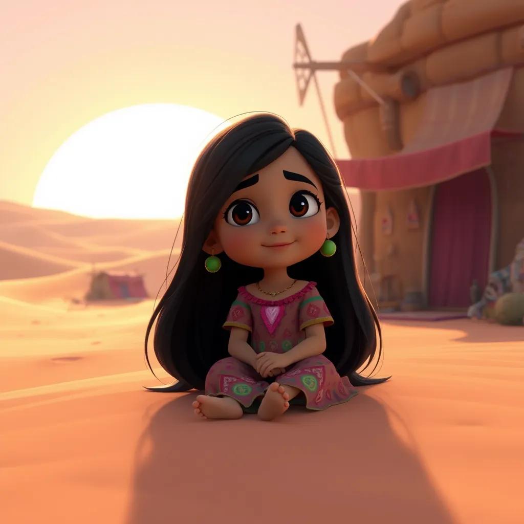 A small girl, Nora, with long dark hair, wearing a colorful dress, sitting comfortably in a quiet desert village surrounded by sand dunes and a bright sky, digital art, warm colors, tranquil atmosphere, high quality