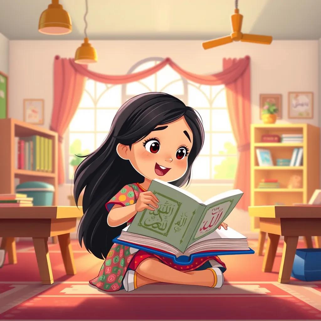 Nora, a small girl with long dark hair, wearing a colorful dress, looking excited as she reads a book about the Quran in a cozy classroom filled with sunlight, illustration, cheerful, vibrant colors, encouraging environment