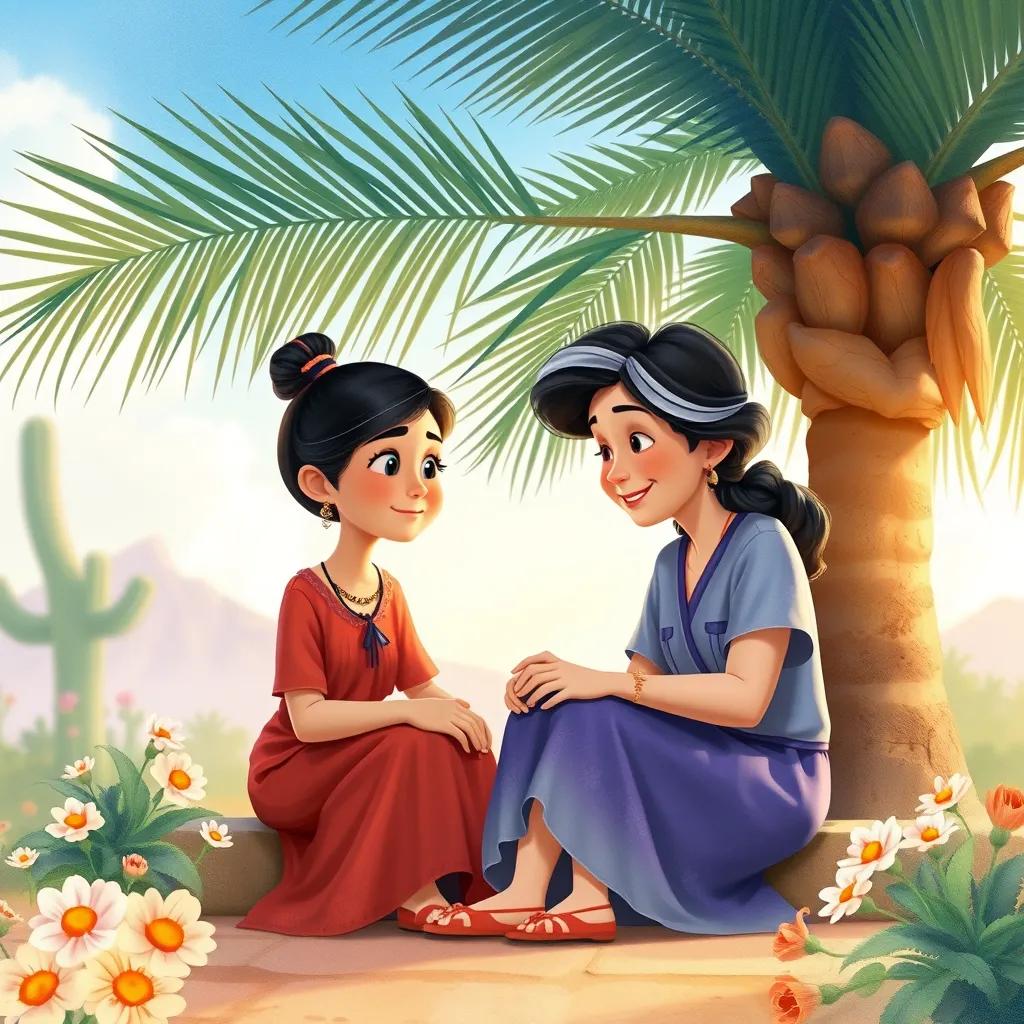 A beautiful scene of Nora sitting with her grandmother under a palm tree, with a gentle smile, as they discuss important life lessons, surrounded by blooming desert flowers, watercolor style, soft colors, heartwarming, inspiring