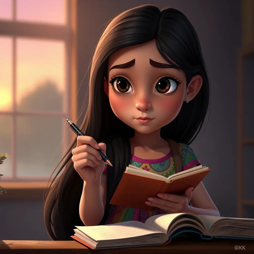 Nora, a small girl with long dark hair in a colorful dress, studying with determination, holding a pen and a notebook under the glimmer of evening light, portraying focus and dedication, digital painting, realistic, motivational