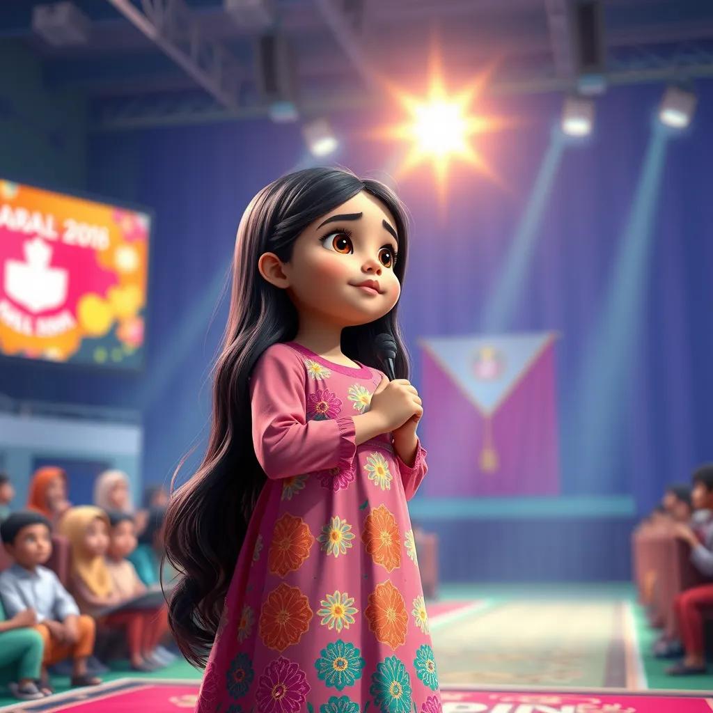 Nora, a small girl with long dark hair in a colorful dress, confidently standing on a stage during her Quran competition, shining brightly as she speaks to the audience, capturing the spirit of inspiration, vibrant colors, uplifting atmosphere