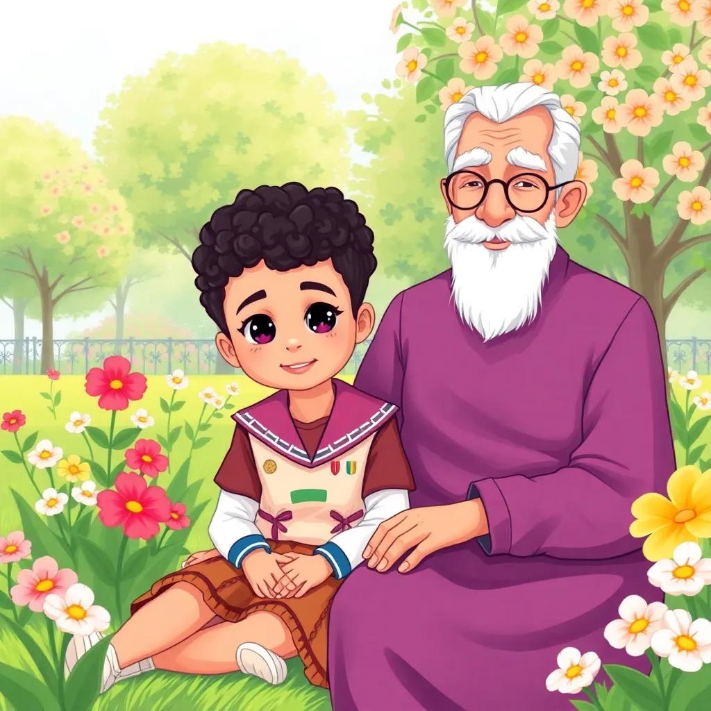 A young Arab girl, Hala, with short curly hair, wearing a colorful school uniform, sitting in a park with her kind grandfather, surrounded by blooming flowers, digital art, bright colors, cheerful atmosphere, high quality