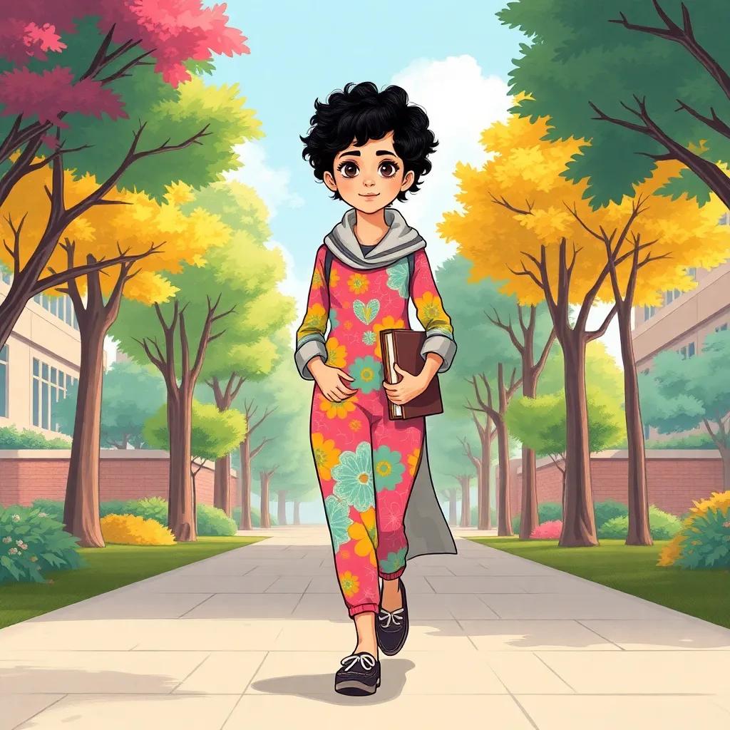 Hala, a young Arab girl with short curly hair in a vibrant outfit, walking confidently in a university campus, books in her hands, beautiful trees around her, determined expression, illustration, vibrant, inspiring