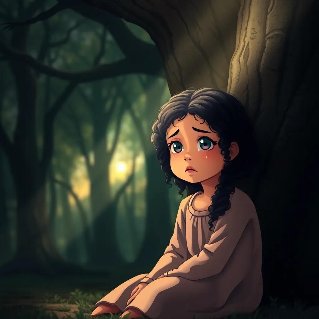A young girl, Hiba Allah, with curly black hair and sad eyes, sitting under a large tree with tears, surrounded by a dark forest, soft sunlight peeking through, digital art, heartwarming mood, rich colors, emotional expression