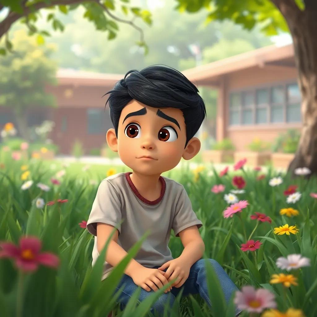 A young Arab boy, Yahya, sitting in a school garden looking thoughtful, wearing a t-shirt and jeans, with short black hair, expression of concern, surrounded by green grass and flowers, friendly atmosphere, digital art, high quality
