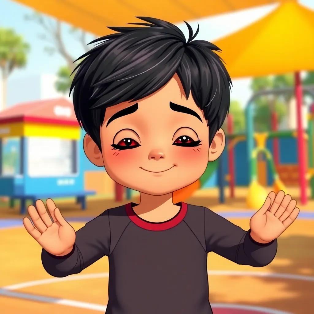 A young Arab boy, Yahya, practicing deep breathing in a vibrant school playground, wearing sports clothes, short black hair, looking peaceful and happy, colorful playground equipment in background, bright sunny day, warm colors, cheerful illustration, high quality