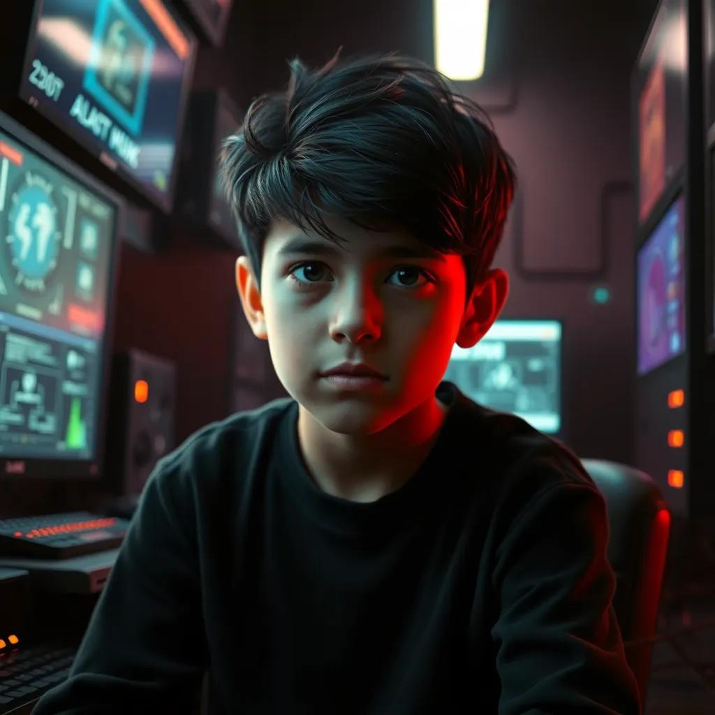 A young boy, Zaid, with short black hair and a serious expression, sitting in a dark room surrounded by glowing computer screens, with a look of determination, digital art, moody lighting, high-tech atmosphere, engaging perspective, high quality