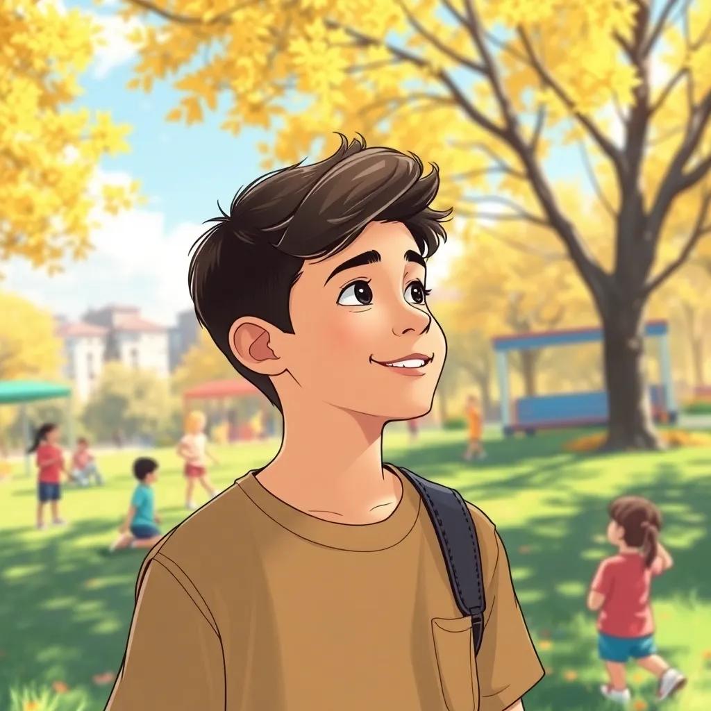 A young boy, Zaid, looking thoughtful while watching children play in a sunny park, wearing casual clothes, smiling and inspired, colorful illustration, bright sunlight, cheerful atmosphere, inviting scenery, engaging view, high quality