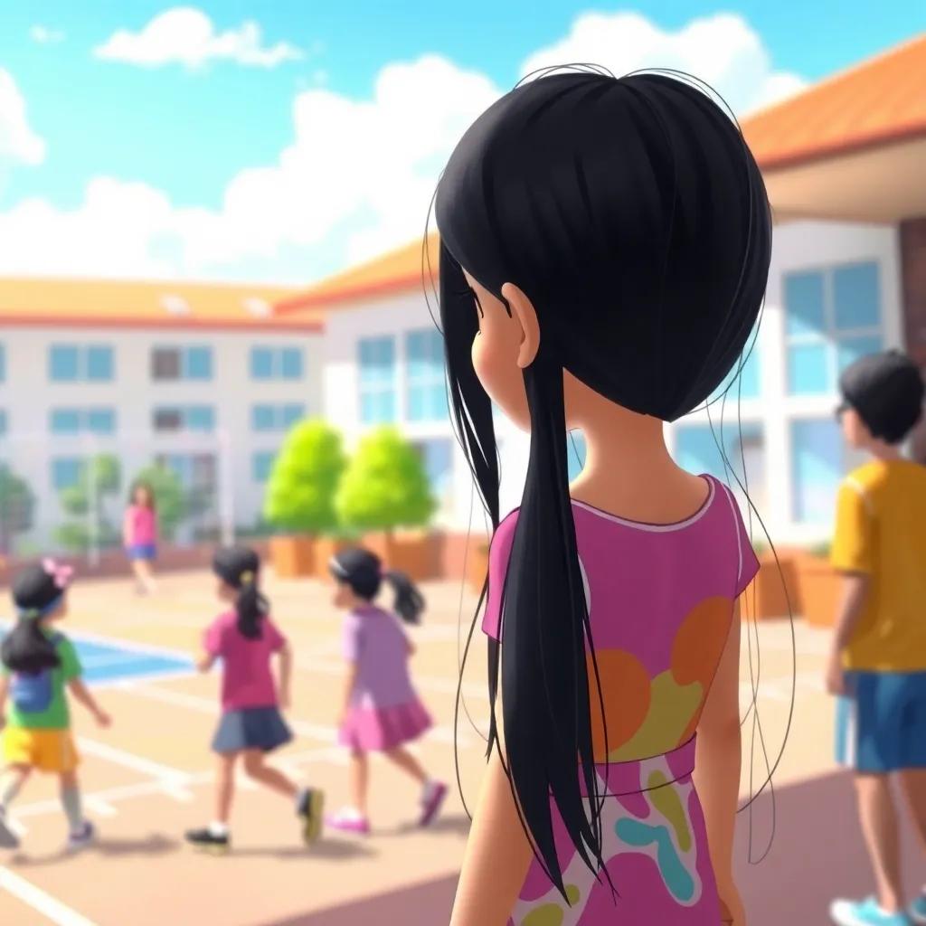 A young girl, Wadha, with long black hair in a colorful dress, feeling a bit sad while watching her friends play sports in a bright schoolyard, sunny day, cheerful atmosphere, digital art, inviting colors, high quality