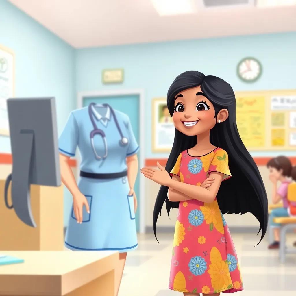 A young girl, Wadha, with long black hair in a colorful dress, talking to a friendly school nurse in a bright school clinic, showing a smile, positive environment, illustration, inspirational, child-friendly