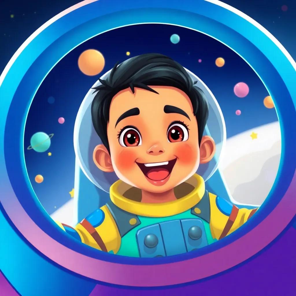 A young Arab boy, وليد, with short black hair, wearing a colorful astronaut suit, smiling excitedly in his blue spaceship, surrounded by stars and planets, digital art, vibrant colors, cheerful atmosphere, high quality