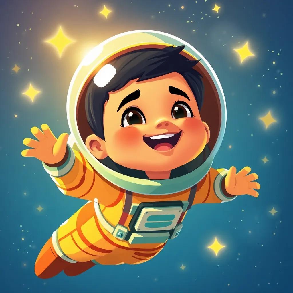 وليد, a young Arab boy with short black hair, in a colorful astronaut suit, floating in space, looking at the Earth with joy, bright stars twinkling around him, illustration, joyful, exploration-themed, child-friendly