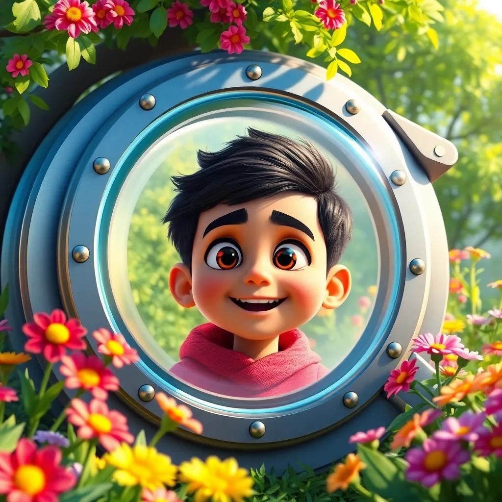 A shiny time machine found by Walid, a young Arab boy, looking excited, in a colorful garden, with vibrant flowers and green trees, digital art, bright colors, cheerful atmosphere, high quality