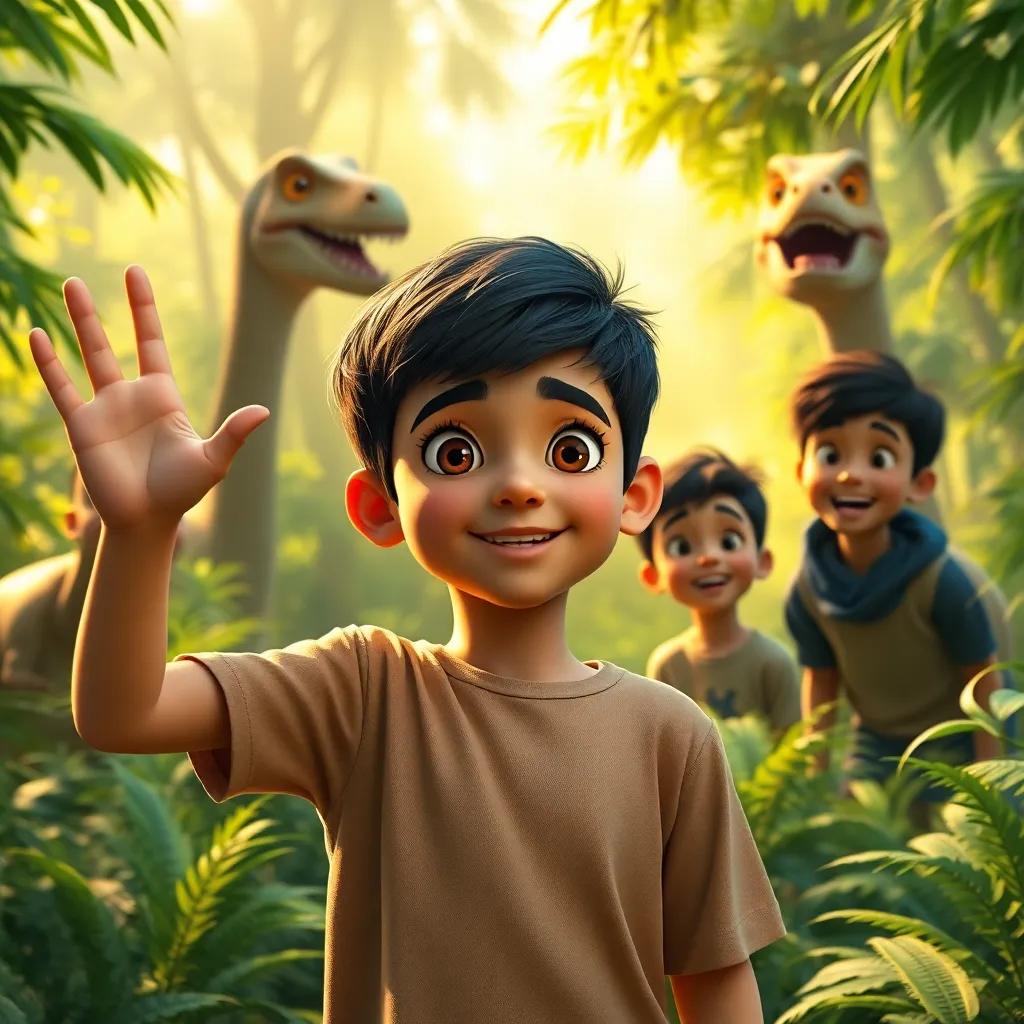 Walid, a young Arab boy, with short black hair, waving at his brothers Fadi and Marwan, both excited, with wide eyes and smiling, in a lush green forest with dinosaurs around, golden light, adventure feeling, high quality