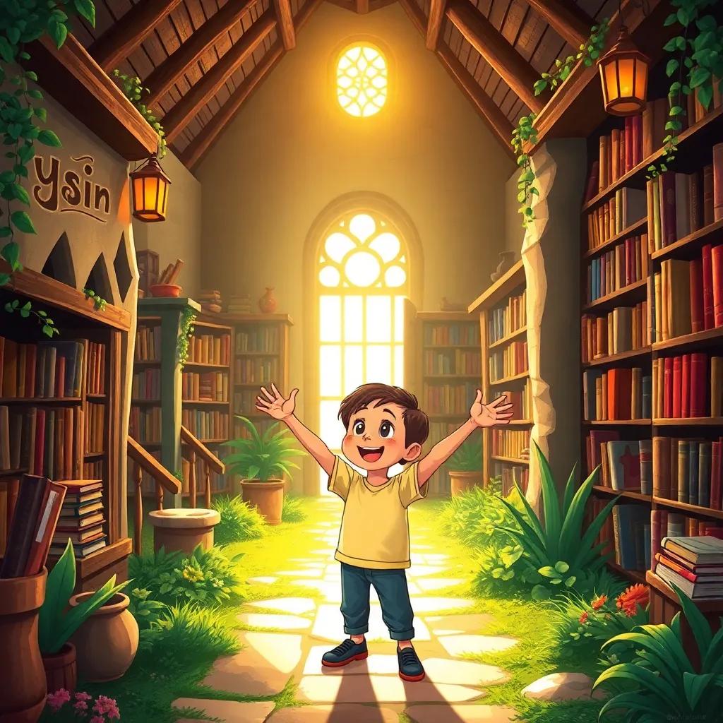 A charming village named "نور العلم" with a quaint library, a young boy named Yasin, excited and curious, standing in front of an old library filled with books, warm sunlight, inviting atmosphere, colorful children's illustration, high quality