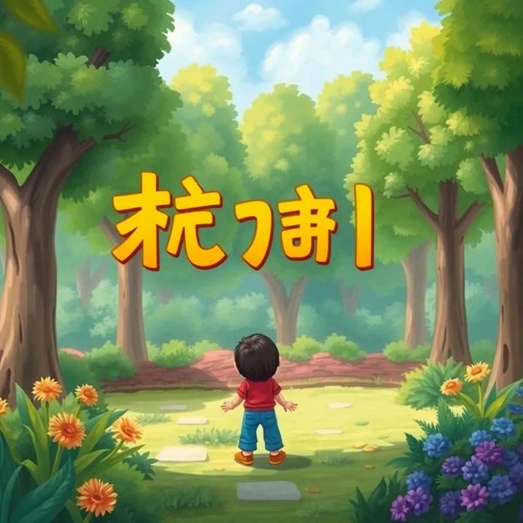 An angry word called "كتاب" standing in a garden with trees, a young boy Yasin looking at it with determination, bright colors, cheerful scene, imaginative children's illustration, high quality