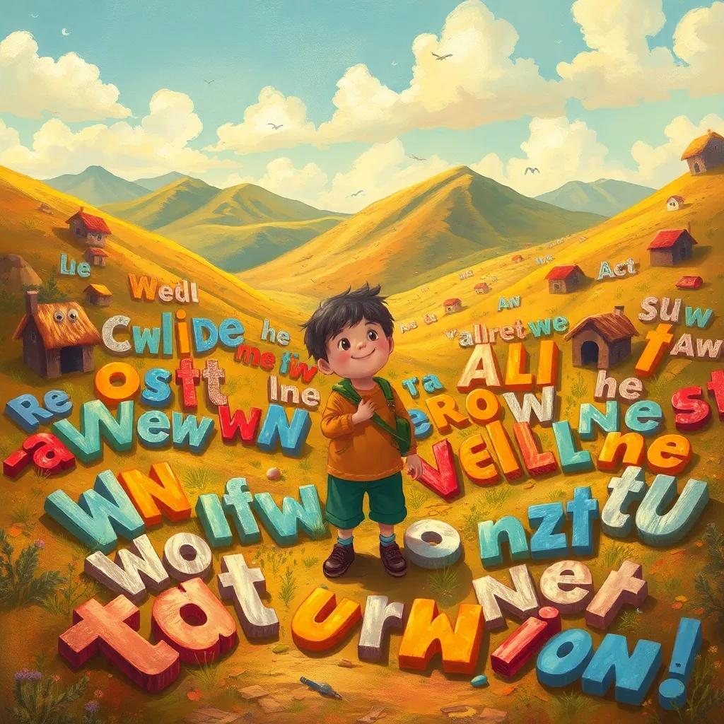 A valley full of tired words lying on the ground, a young boy Yasin cheering them up, bright, warm colors, inspiring children's illustration, high quality