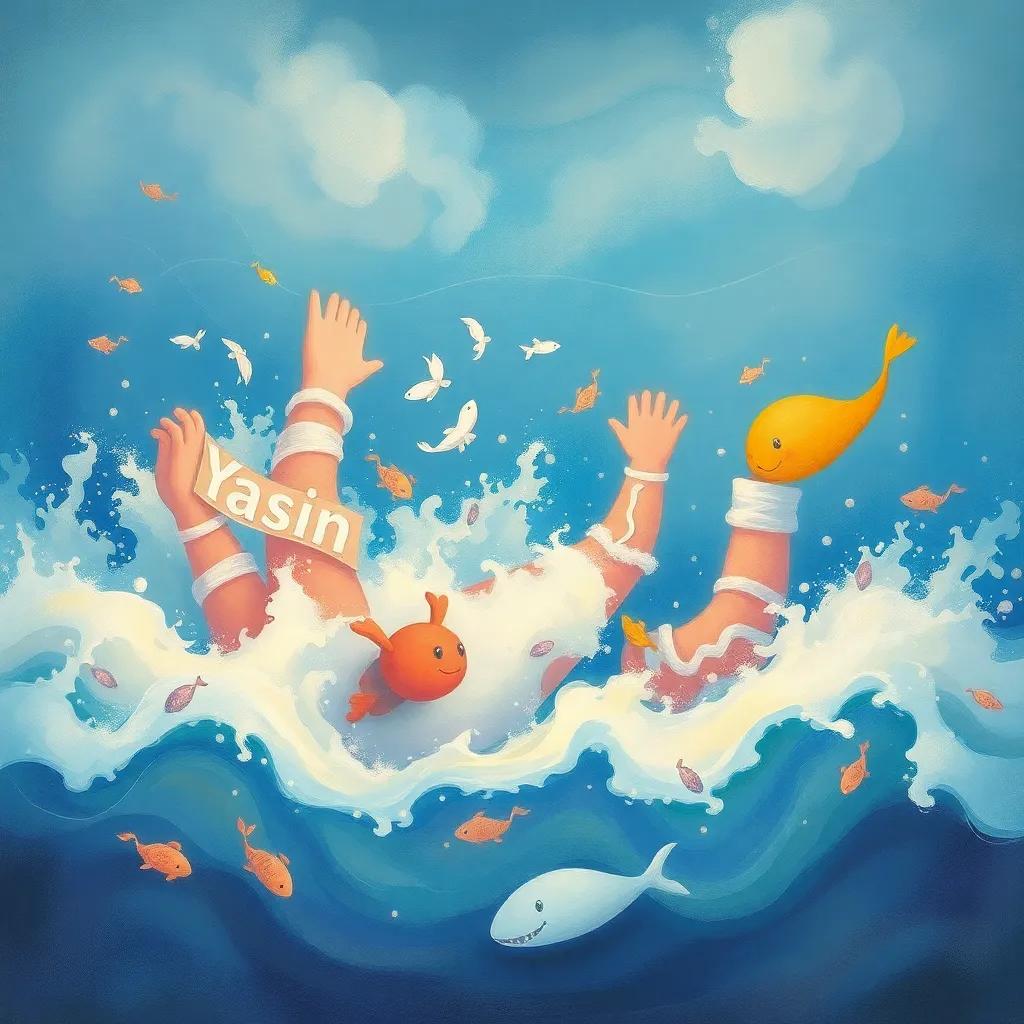 A picturesque sea of language with words swimming and struggling in the waves, Yasin reaching out to help them, soft pastel colors, bright children's illustration, high quality